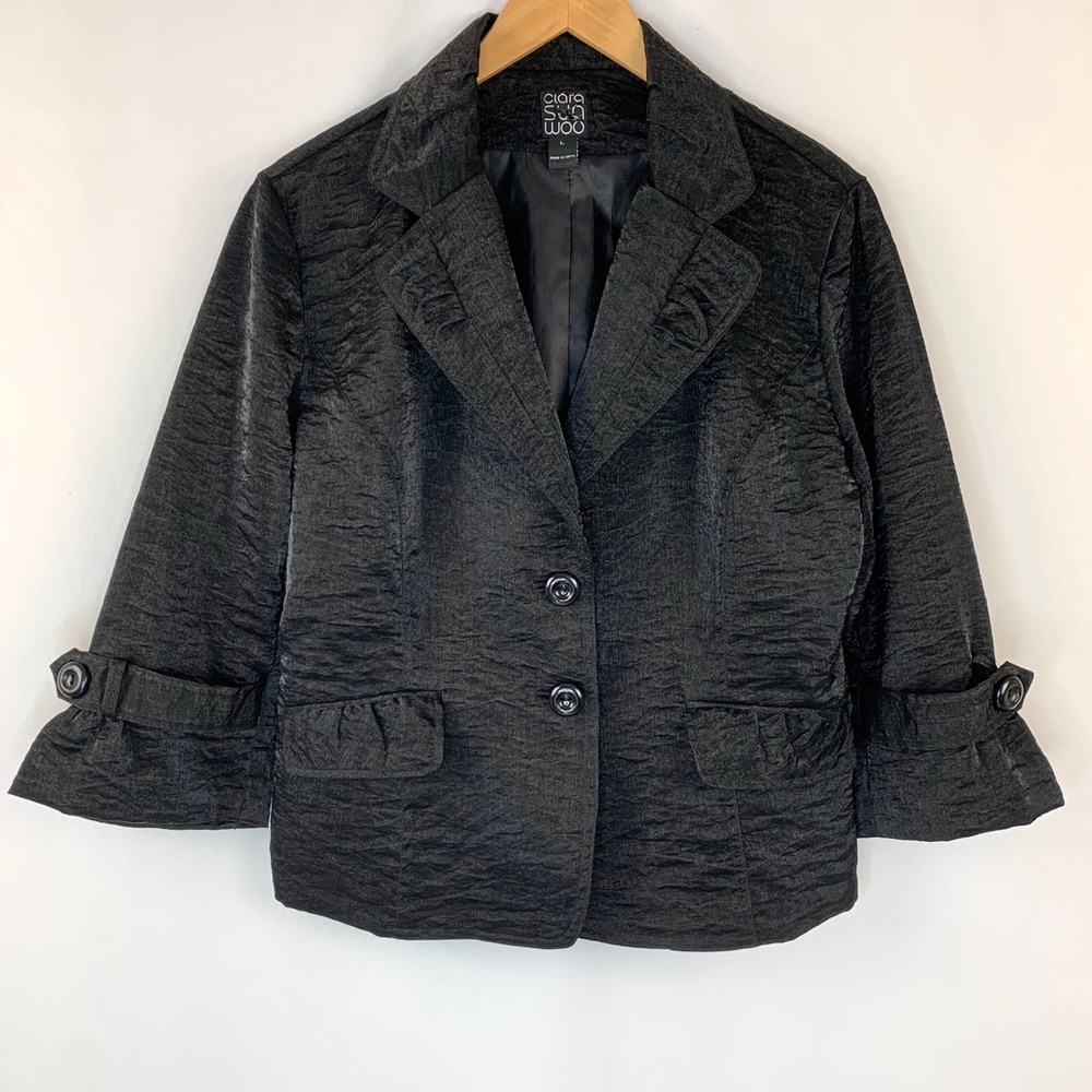 Clara Sun Woo Jacket Black Crinkle Shiny Blazer